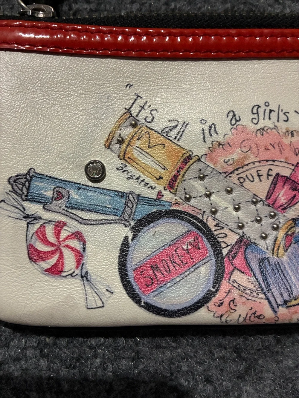 👜 Brighton Cream Cosmetic Pouch with Red Trim and Illustrated Makeup Motif